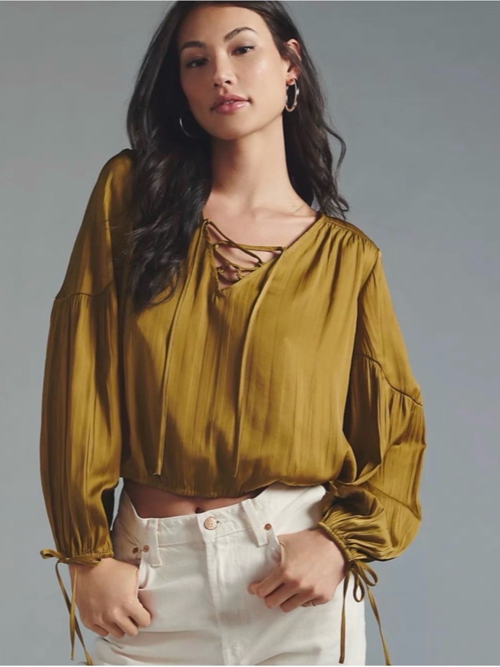 NWT Anthropologie By Anthropologie Lace-Up V-Neck Blouse Moss Green Size medium